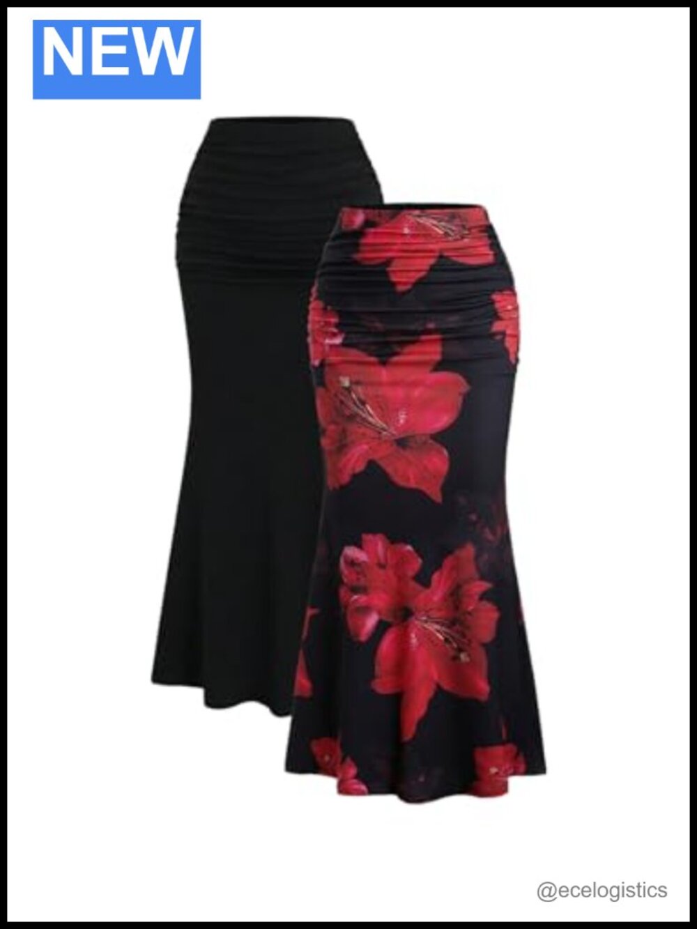 2 Pack Ruched Fishtail Midi Skirts Women Slim Fit Floral Vintage
